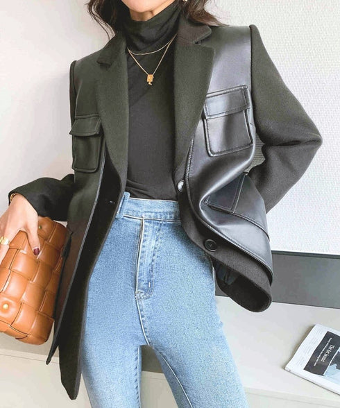 Faux Leather Panel Tailored Jacket